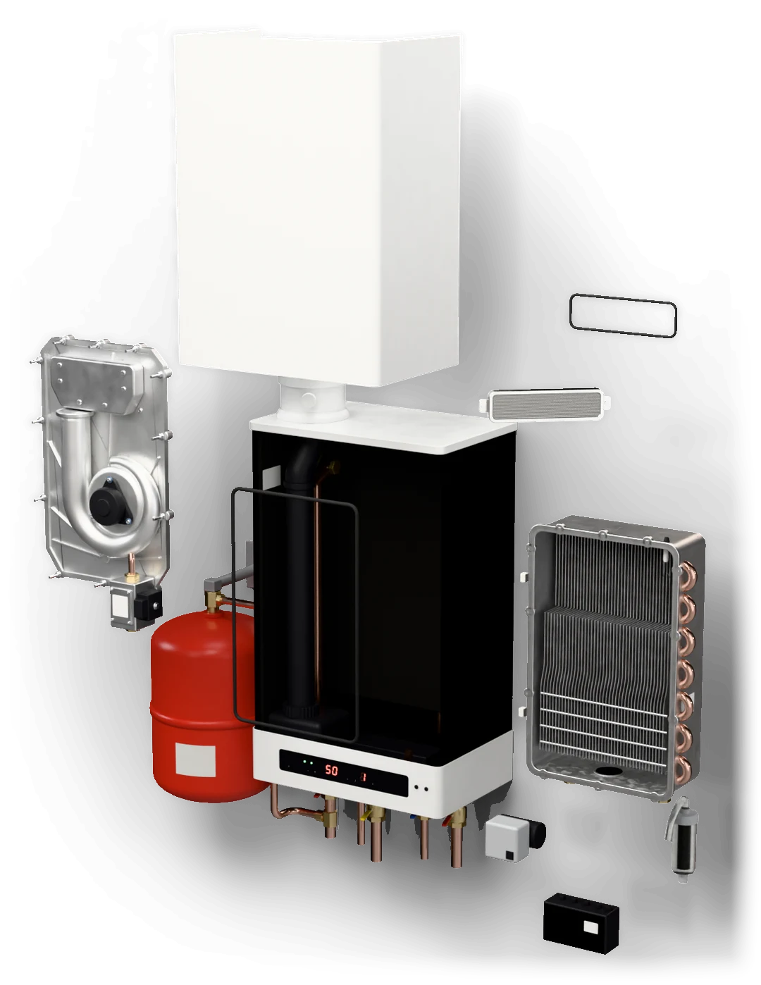 The boiler taken apart: the case lifted off, the front plate with the fan and gas valve, the heat exchanger, the burner, the gaskets, the condensate siphon, the expansion vessel and the pump